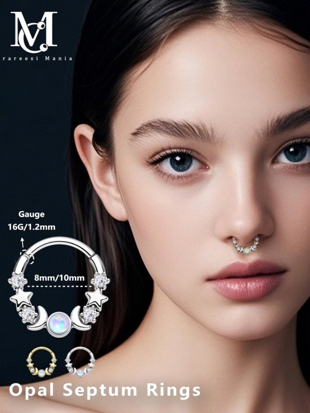 Opal Moon Phase Septum Ring 16G - Stainless Steel Daith Piercing Hoop Jewelry - Picture 2 of 7